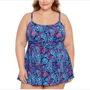 Swim Solutions Women's Plus Tie-Waist One-Piece Swimdress 18W, Navy Multi - All